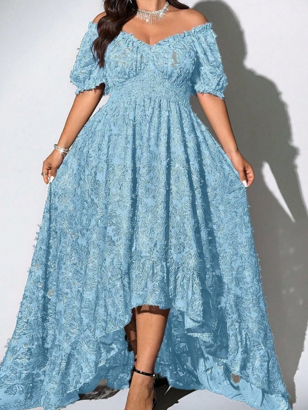 Blue Elegant Women's Plus Size Off-Shoulder Short Sleeve Sexy Dress - Picture 5 of 7